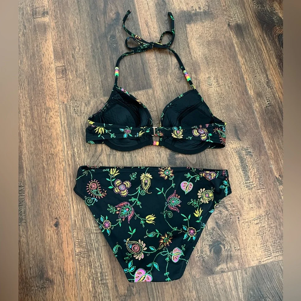 Vintage Victoria's Secret Black Paisley Colorful Bikini Size Medium